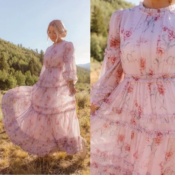 NWT Ivy City Co Womens 2X Geneva Floral Ruffle Long Sleeve Flowy Maxi Pink Dress - Picture 1 of 11
